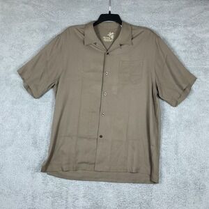 Tommy Bahama Men's Short Sleeve Brown Silk Shirt Size L Split Hem Spread Collar